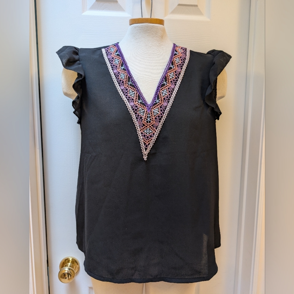 Embroidered Black Ruffle Sleeve Blouse